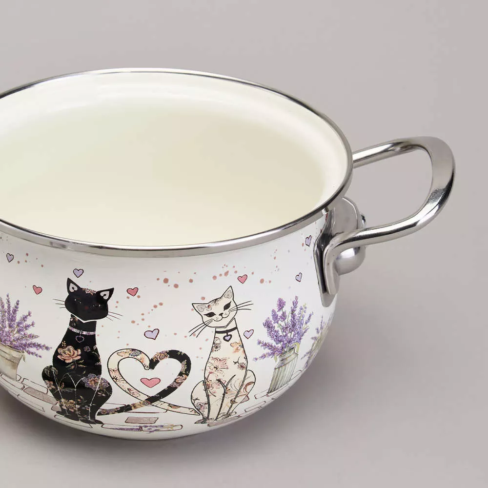 Кастрюля эмалированная со стеклянной крышкой Lavander cats