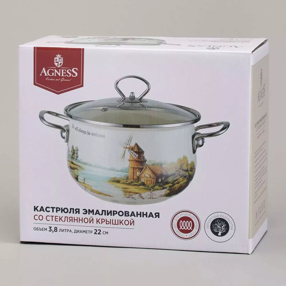 Кастрюля эмалированная со стеклянной крышкой Lavander cats