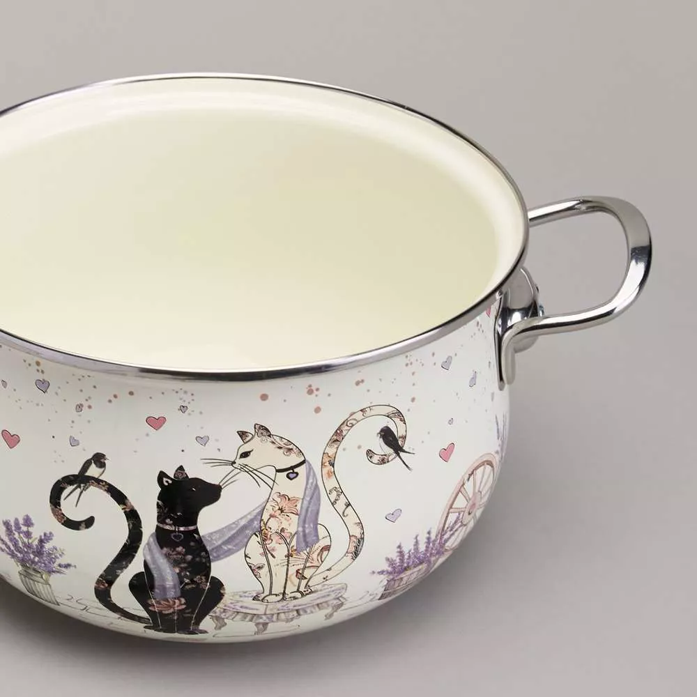 Кастрюля эмалированная со стеклянной крышкой Lavander cats