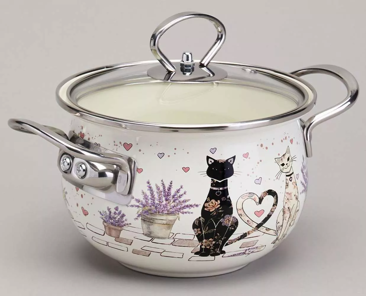 Кастрюля эмалированная со стеклянной крышкой Lavander cats