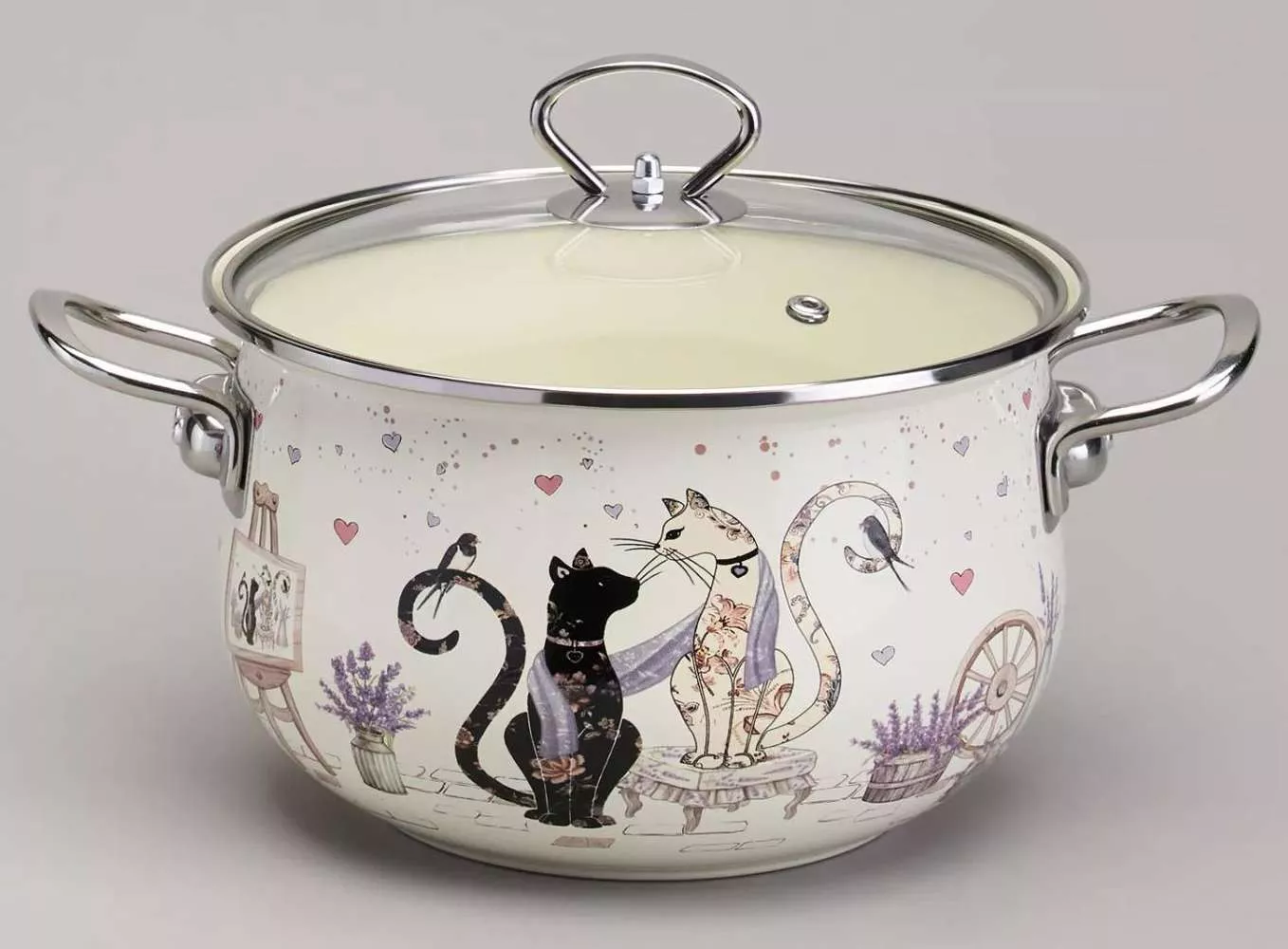 Кастрюля эмалированная со стеклянной крышкой Lavander cats