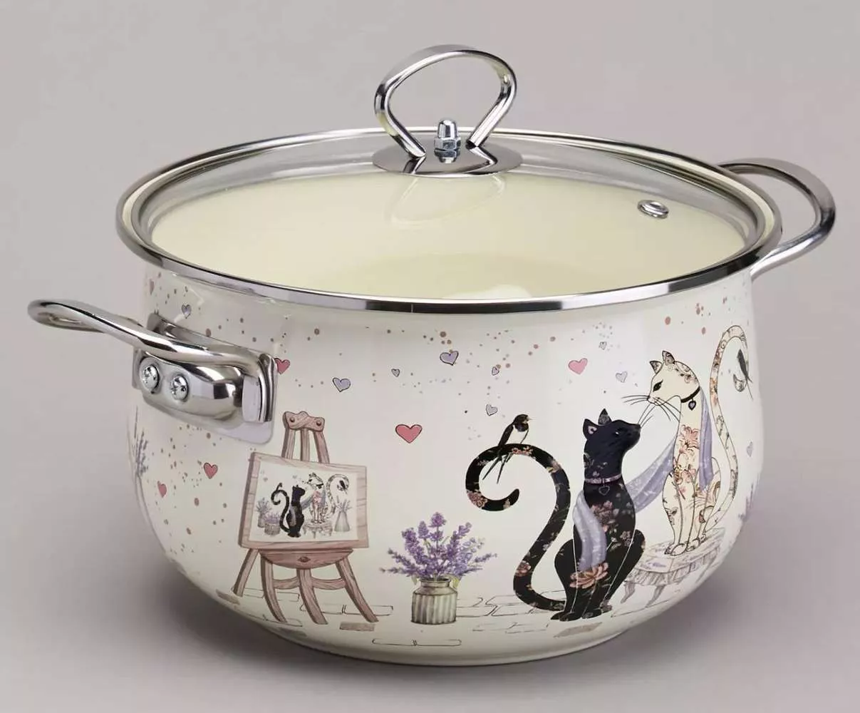 Кастрюля эмалированная со стеклянной крышкой Lavander cats