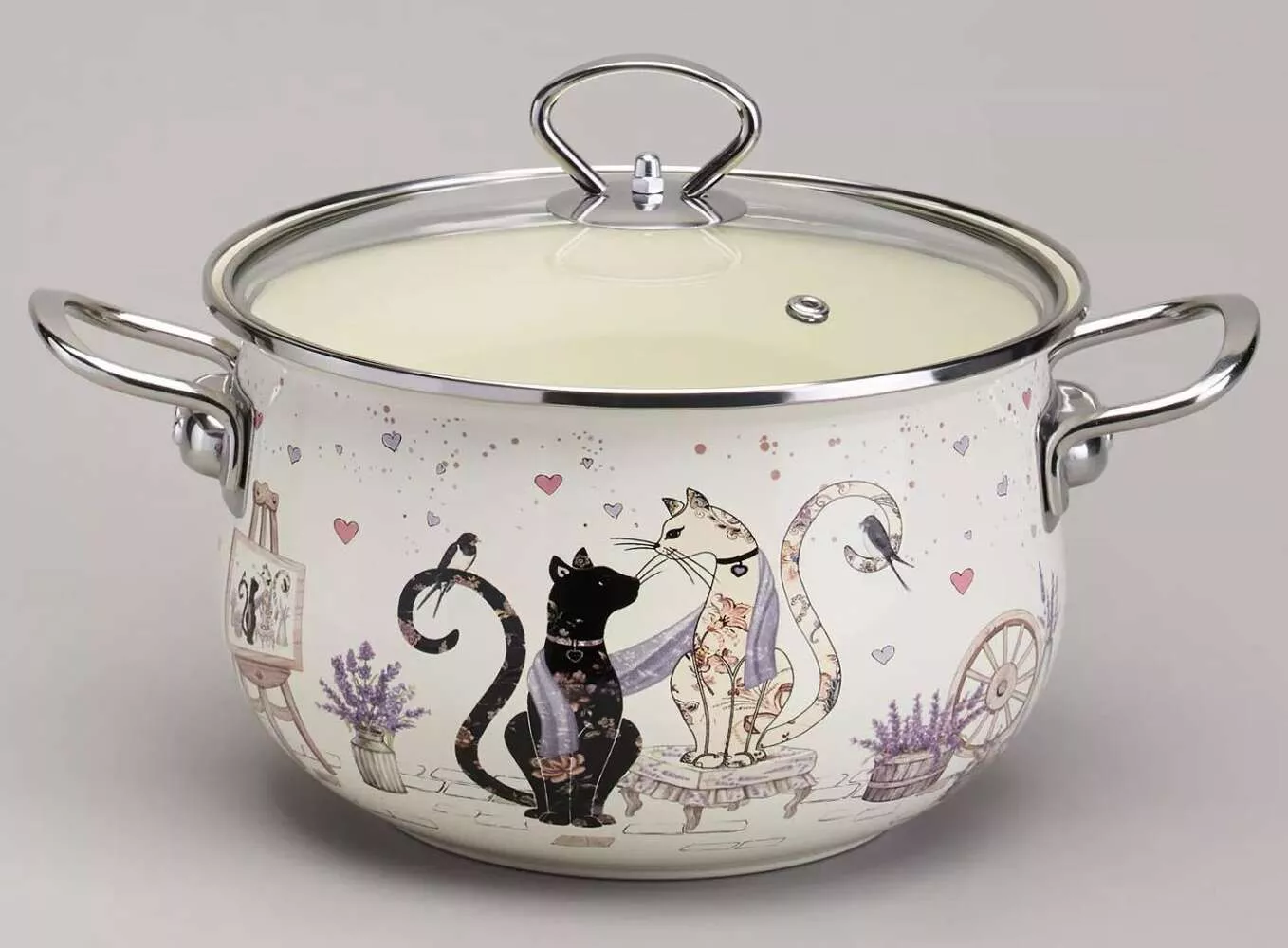 Кастрюля эмалированная со стеклянной крышкой Lavander cats