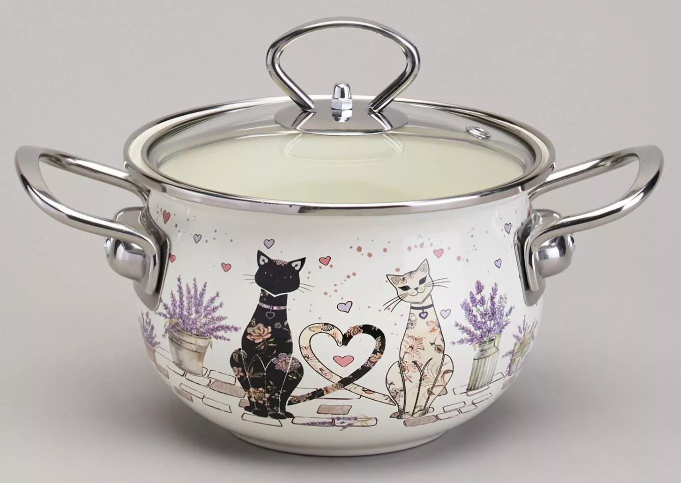 Кастрюля эмалированная со стеклянной крышкой Lavander cats