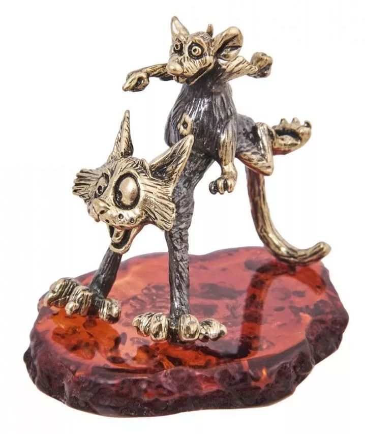 Фигурка Кот и мышь Всадник (латунь, янтарь)