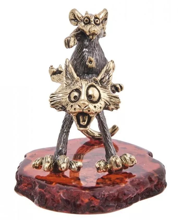 Фигурка Кот и мышь Всадник (латунь, янтарь)