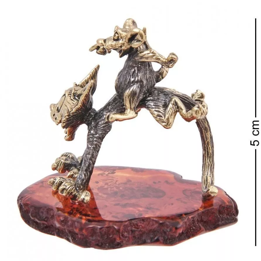 Фигурка Кот и мышь Всадник (латунь, янтарь)