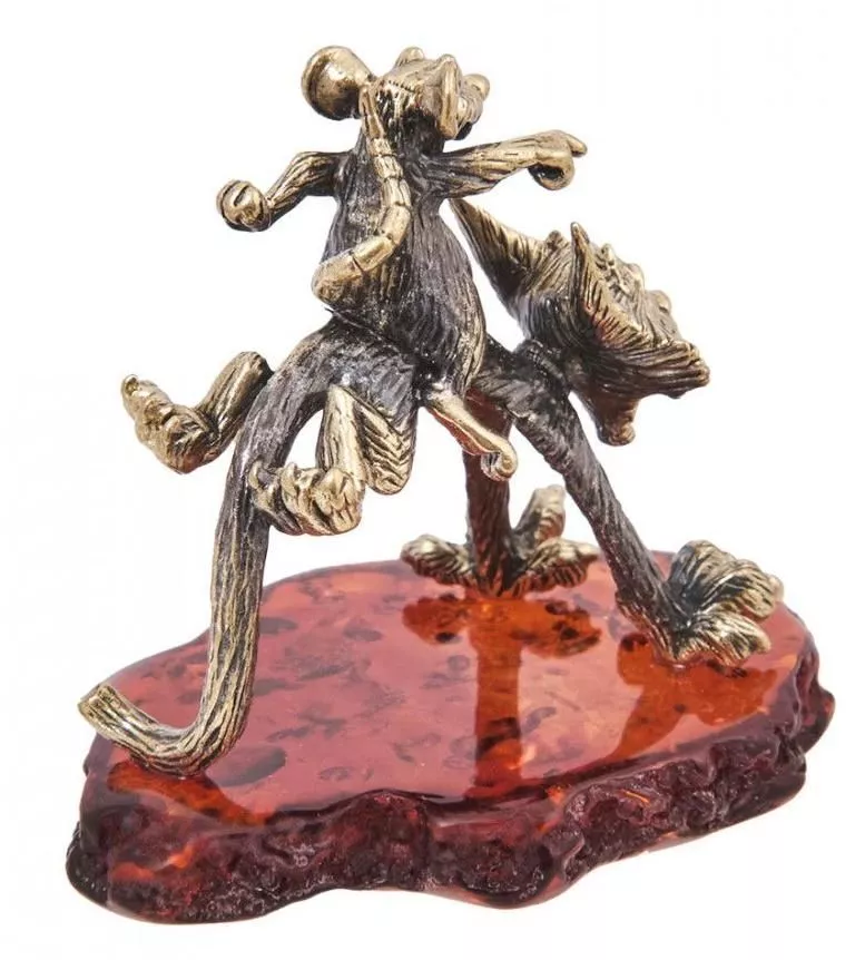 Фигурка Кот и мышь Всадник (латунь, янтарь)