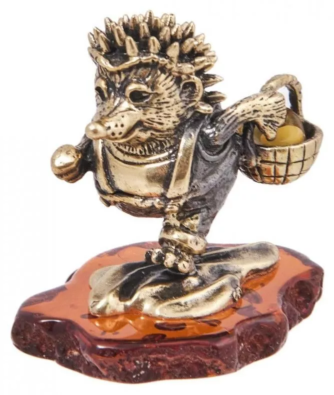 Фигурка Ежик с Лукошком (латунь, янтарь)