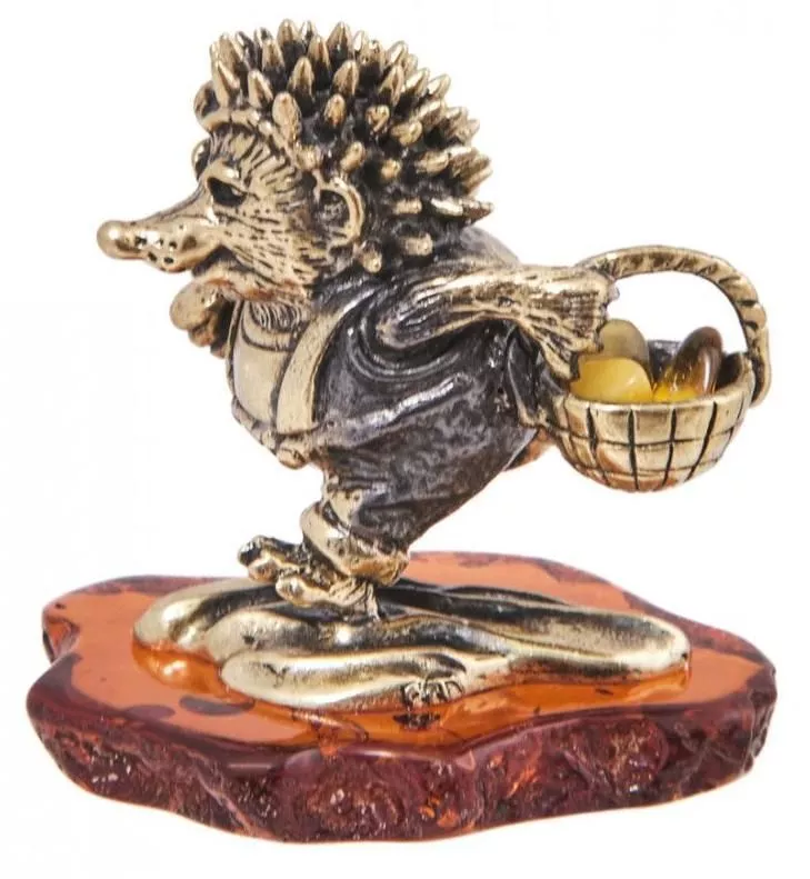 Фигурка Ежик с Лукошком (латунь, янтарь)