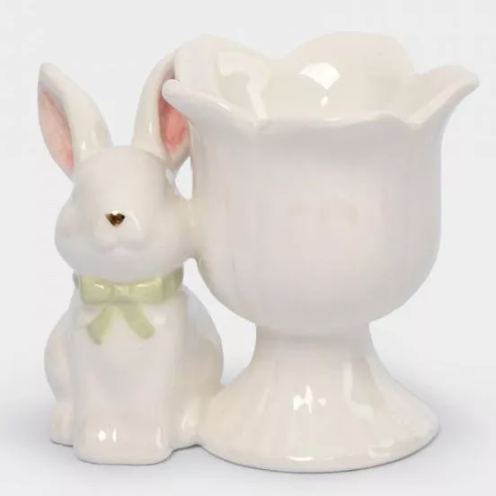 Подставка для яйца молочно-золотистая Кролик с цветком White Rabbit