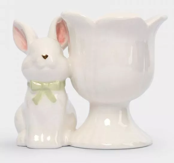 Подставка для яйца молочно-золотистая Кролик с цветком White Rabbit