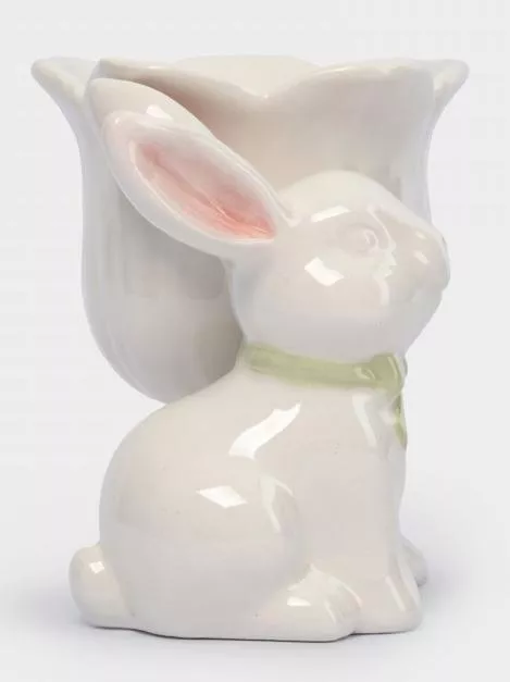 Подставка для яйца молочно-золотистая Кролик с цветком White Rabbit