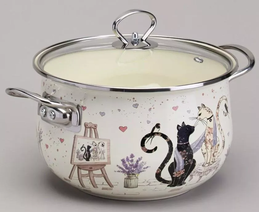 Кастрюля эмалированная со стеклянной крышкой Lavander cats