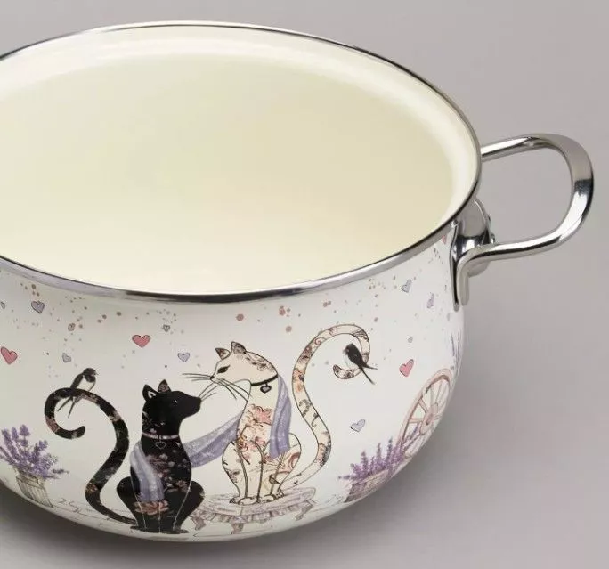 Кастрюля эмалированная со стеклянной крышкой Lavander cats