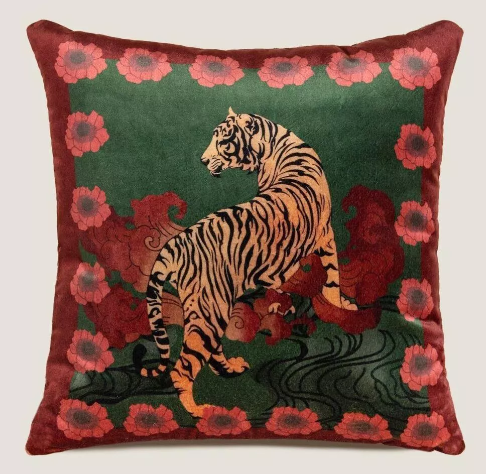 Подушка FLOWER TIGER EMERALD 50х50, велюр, полиэстер, начинка конфорель