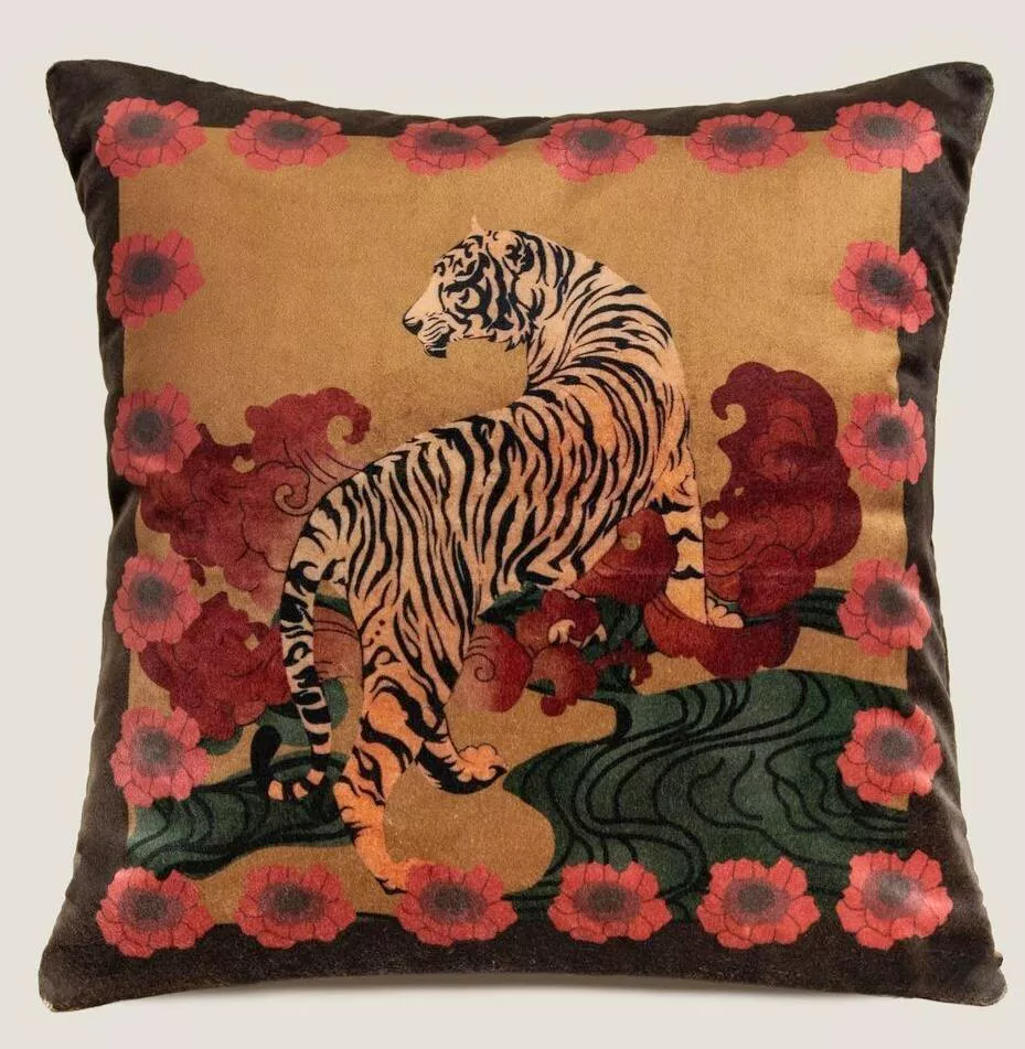 Подушка FLOWER TIGER EMERALD 50х50, велюр, полиэстер, начинка конфорель