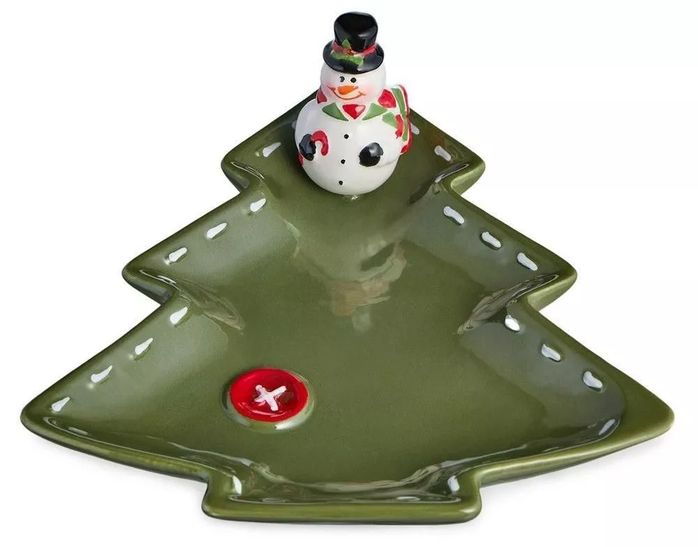 Блюдо сервировочное в форме елки Снеговик Christmas Gift зеленое