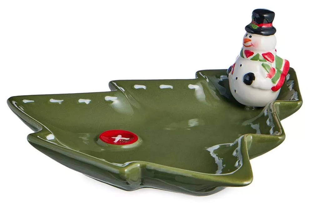 Блюдо сервировочное в форме елки Снеговик Christmas Gift зеленое