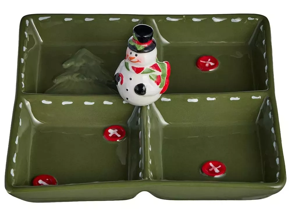 Менажница 4 секции Christmas Gift Снеговик зеленая